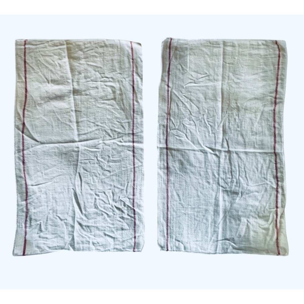 3 Vintage White Dish Towels Red Stripe  19" X 33" Cotton Blend  Matching